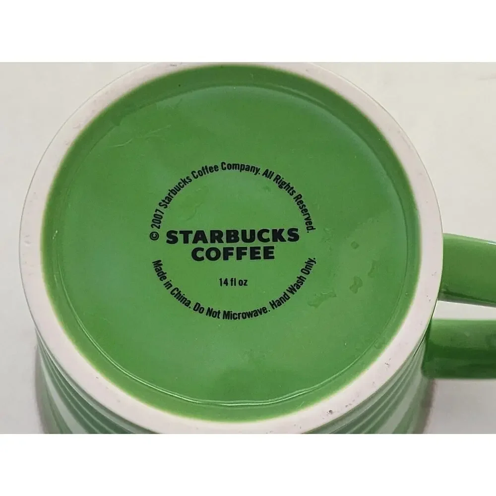 Starbucks 2007 Green Ceramic Coffee Mug 14 oz Silver Rim Ribbed Vintage Cup